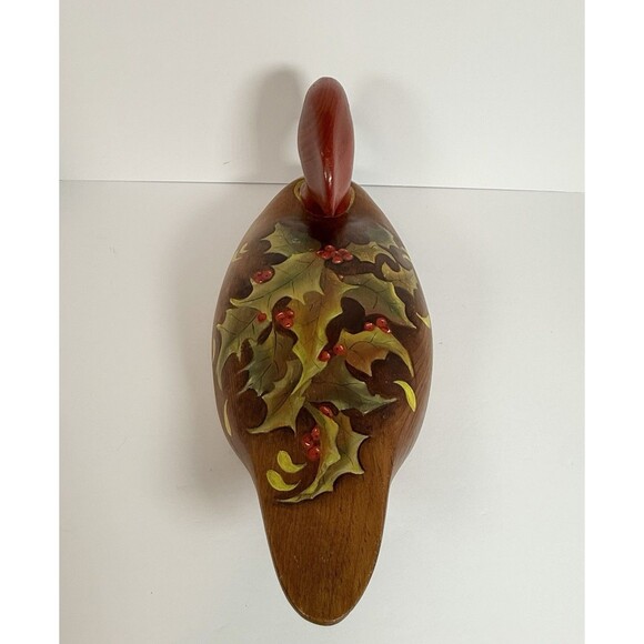 VTG Wooden Duck Decoy Red Headed.‎ Handpainted Holly And Bow.  6”x 16” Aprox. - Picture 10 of 12